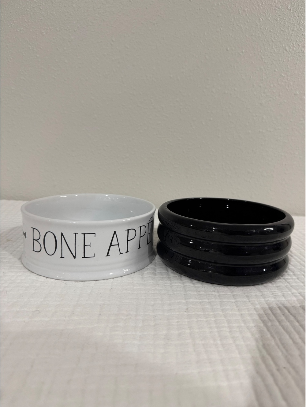 Set of 2 Ceramic Dog Bowls – “Bone Appetit” Fringe Studio + Black Bowl